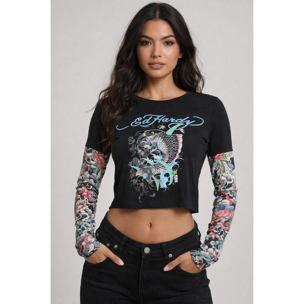 Ed Hardy Crop Top Women’s Large Black Tattoo Graphic Semi-Sheer Sleeves Y2K